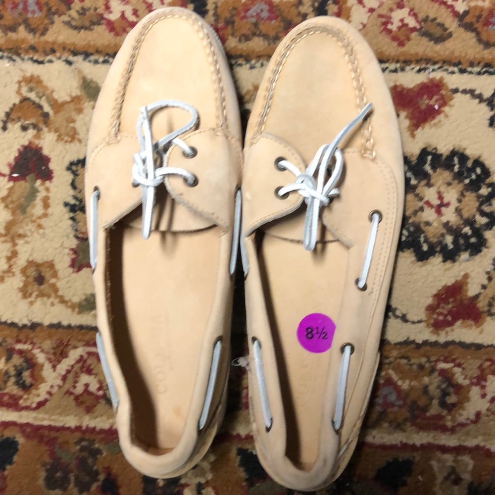 COLE HAAN Tan beige Leather Moc Stitched Lace Up Boat Deck Loafer